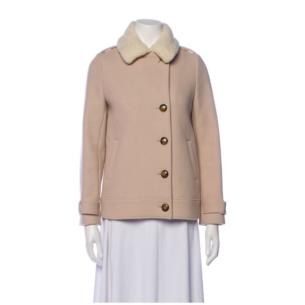 Sezane Hampton Coat Faux Fur Collar Peacoat Pink Beige US 2 XS